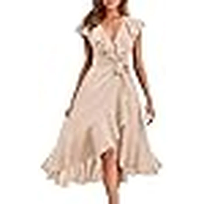 PRETTYGARDEN Women's Summer Cross Maxi Dress Casual Boho Deep V Neck Short Sleeve Ruffle Hem Split Beach Long Dresses (Apricot,X-Large) by PRETTYGARDEN - Image 3