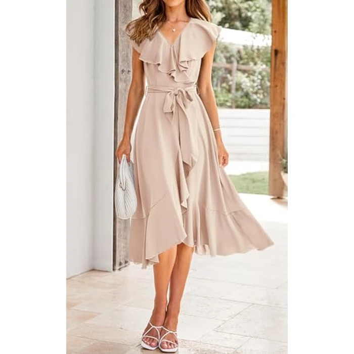 PRETTYGARDEN Women's Summer Cross Maxi Dress Casual Boho Deep V Neck Short Sleeve Ruffle Hem Split Beach Long Dresses (Apricot,X-Large) by PRETTYGARDEN - Image 5