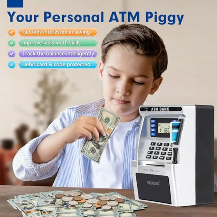 BAODLON Piggy Bank for Kids, ATM Machine Bank for Real Money with Debit Card, Bill Feeder, Coin Recognition, Balance Calculator, Electronic Savings Safe Box, Cool Stuff Toys Gifts for Teen Boys Girls by BAODLON - Image 5