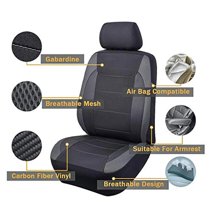 Flying Banner car seat Covers Quality Carbon Fiber Faux Leather Mesh Fabric Sport Low High Back Bucket Back Pocket Arm Rest Car SUV Truck Pick UP (2 Fronts - Low Bucket, Gray) by Flying Banner - Image 2