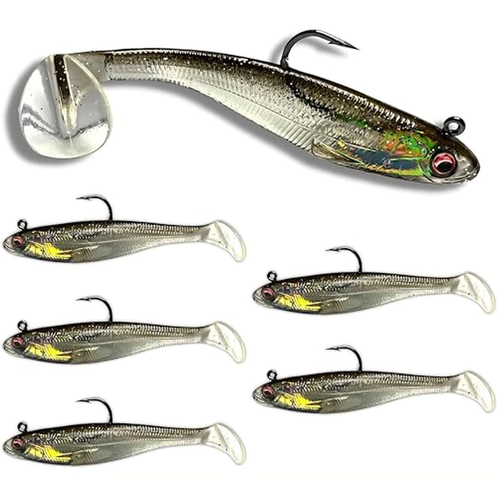 USA Bass Tackle Patriot Shad - Scent Infused Paddle Tail Swimbaits Pre Rigged Fishing Lures Premium Bait with Strong Owner Hook, Fishing Gear for Bass Freshwater Predator Fish - Super Shad by U.S.A. Bass Tackle - Used - Like New condition