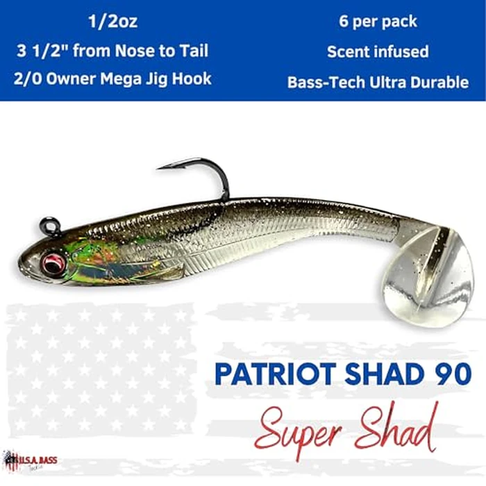 USA Bass Tackle Patriot Shad - Scent Infused Paddle Tail Swimbaits Pre Rigged Fishing Lures Premium Bait with Strong Owner Hook, Fishing Gear for Bass Freshwater Predator Fish - Super Shad by U.S.A. Bass Tackle - Image 2