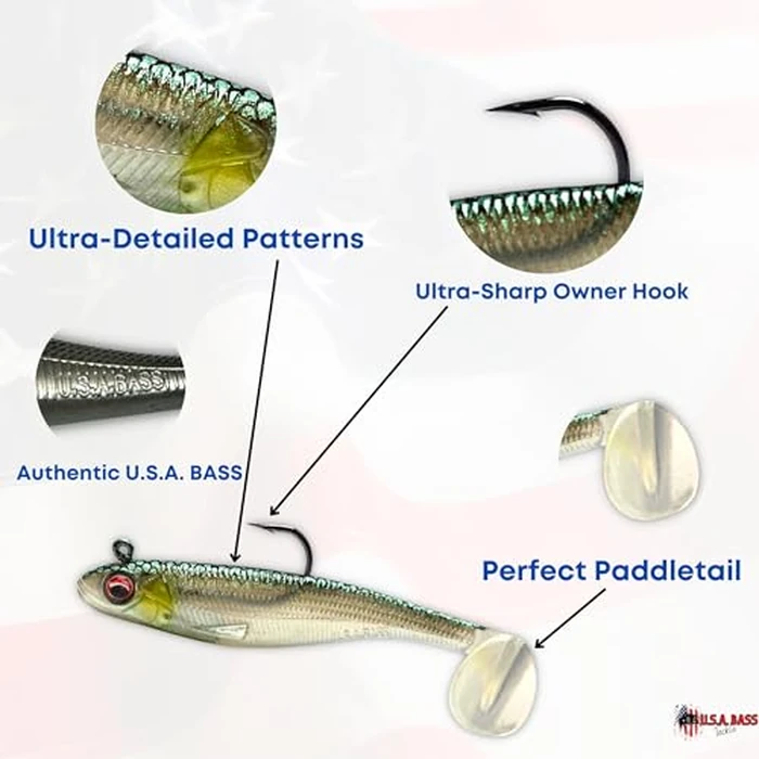 USA Bass Tackle Patriot Shad - Scent Infused Paddle Tail Swimbaits Pre Rigged Fishing Lures Premium Bait with Strong Owner Hook, Fishing Gear for Bass Freshwater Predator Fish - Super Shad by U.S.A. Bass Tackle - Image 3