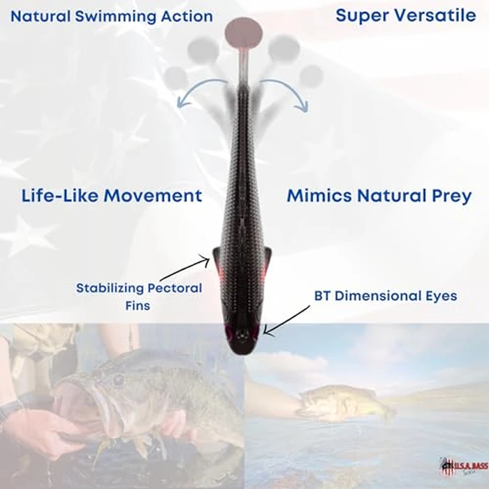 USA Bass Tackle Patriot Shad - Scent Infused Paddle Tail Swimbaits Pre Rigged Fishing Lures Premium Bait with Strong Owner Hook, Fishing Gear for Bass Freshwater Predator Fish - Super Shad by U.S.A. Bass Tackle - Image 4