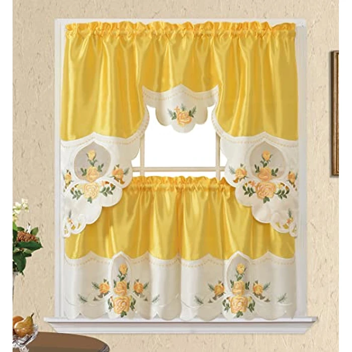 GOHD GOLDEN OCEAN HOME DECOR Rose Melody. 3pcs Kitchen Cafe Curtain Set. Swag and 24 inches Tiers Set for Small Windows. Nice Matching Color Rose Embroidery on Border and Inserted Organza. (Yellow) by GOHD GOLDEN OCEAN HOME DECOR - Used - Like New condition