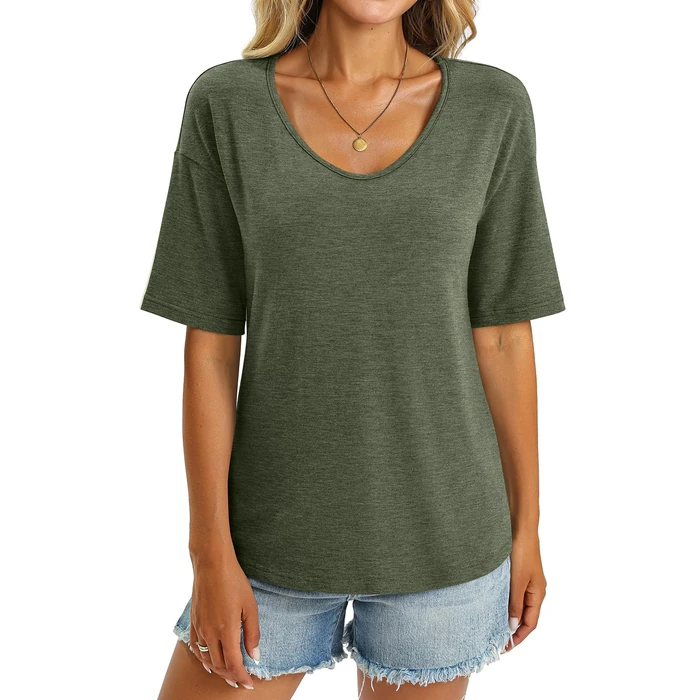 EasyGala Women's V Neck Tops Elbow Length Shirts Loose Fit Summer Tops Basic Tees 2024 (Half Sleeve) A Green X-Large by EasyGala - Image 3