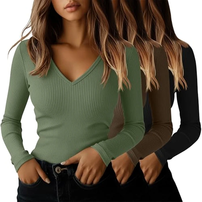 Ficerd 3 Pack Women's Long Sleeve T Shirts Cotton V Neck Slim Fit Tops Ribbed Knit Layering Casual Basic Tees Fall(Black, Mocha Brown, Matcha Green,X-Large) by Ficerd - Used - Like New condition - US$27.44