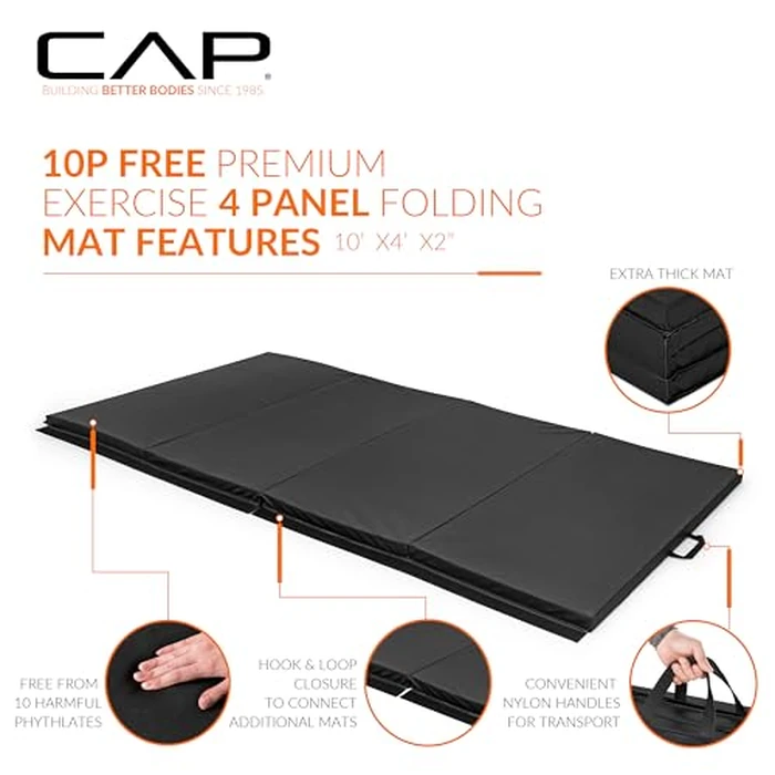 CAP Barbell Folding Exercise Mat - Durable, Anti-Tear, Thick Padding for Fitness, Aerobics, Gymnastics & Home Workouts. 10' x 4' x 2" thick BLACK 10P Free by CAP Barbell - Image 3