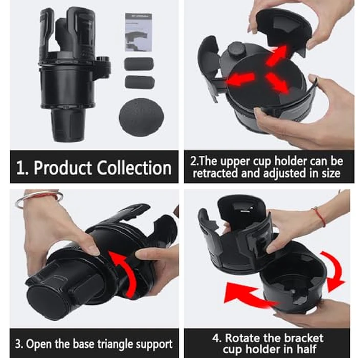 Upgrade Dual Cup Holder Expander, 2 in 1 Multifunction Cup Holder for Car with Lock, 360 degrees Rotating Car Cup Drink Holder with Adjustable Base, Cupholder Expander for Large Water Bottles, Cups by HoneTeek - Image 4
