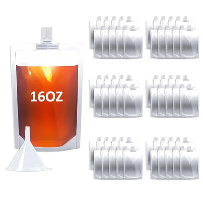 NexLevVac 16OZ 60PCS Plastic Flasks,Reusable Drink Pouches with Funnel,Spouted Drinking Bags for Liquid Drink Juice,Leak-Proof Food Grade for Travel Outdoor Sports Concert Cruise Events by NexLevVac - Used - Like New condition - US$17.09