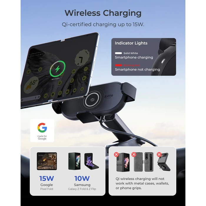iOttie Auto Sense 2 Fold Qi Wireless Car Charger -Wireless Charging Automatic Clamping Dashboard Car Phone Mount for Google Pixel Fold, Galaxy Z Fold 4, Galaxy Z Flip 4, Other Foldable Smartphones by iOttie - Image 3