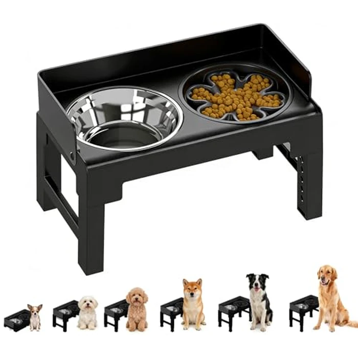 PAKEWAY Elevated Dog Bowls, Spill Proof, Tiltable Pet Feeder with 1 Slow Feeder Bowl &1 Stainless Steel Bowl, 6 Height Adjustable Raised Dog Bowls Stand for Medium Large Dogs by PAKEWAY - Image 1