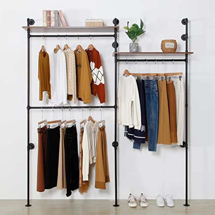 EDCB Industrial Pipe Clothing Rack with 2 Shelves, Clothes Rack Wall Mounted Heavy Duty Hanging Rack Clothing Store Display Stands Garment Rack Closet System(Black, 96.5x80.7inch) by EDCB - Used - Like New condition - CA$208.99
