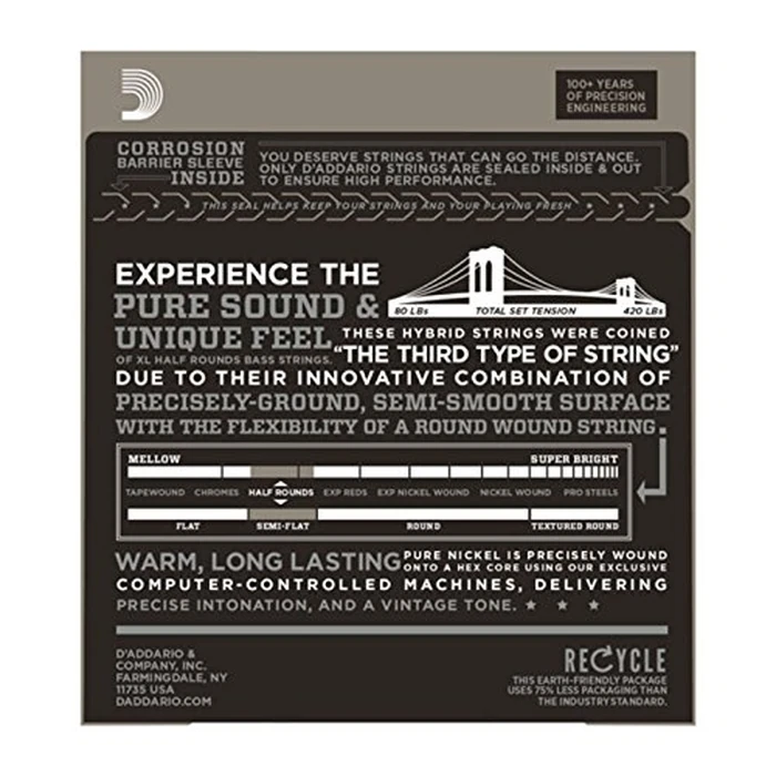 D'Addario XL Half Rounds Bass Guitar Strings - ENR72 - Long Scale - Medium, 50-105 by D'Addario - Image 2