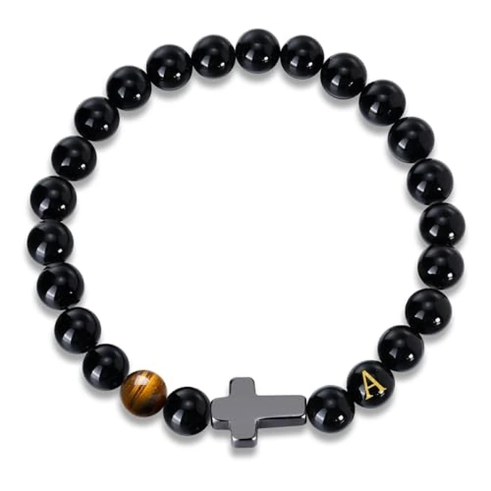 Mens Cross Bead Bracelet with Initials, Christian Rosary Obsidian A-Z Letter Black Onyx Tigers Eye Beaded Bracelet, Faith Religious Easter Catholic Communion Baptism Christmas Jewelry Gift for Men by Hisatan - Used - Like New condition - US$8.41