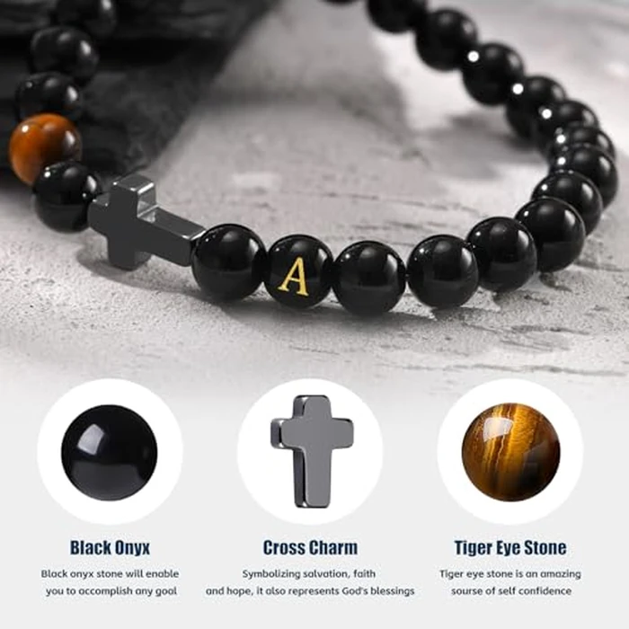 Mens Cross Bead Bracelet with Initials, Christian Rosary Obsidian A-Z Letter Black Onyx Tigers Eye Beaded Bracelet, Faith Religious Easter Catholic Communion Baptism Christmas Jewelry Gift for Men by Hisatan - Image 3