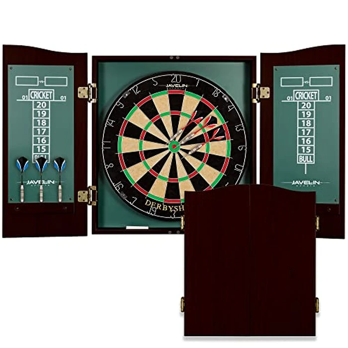 EastPoint Derbyshire Official Size Dart Board Cabinet Set - Green - Includes 6-Piece Steel Tip Darts Set - Self-Healing Sisal Fiber for Game Room Play - Built-In Chalk Scoreboards for Bar Games by EastPoint Sports - Image 1