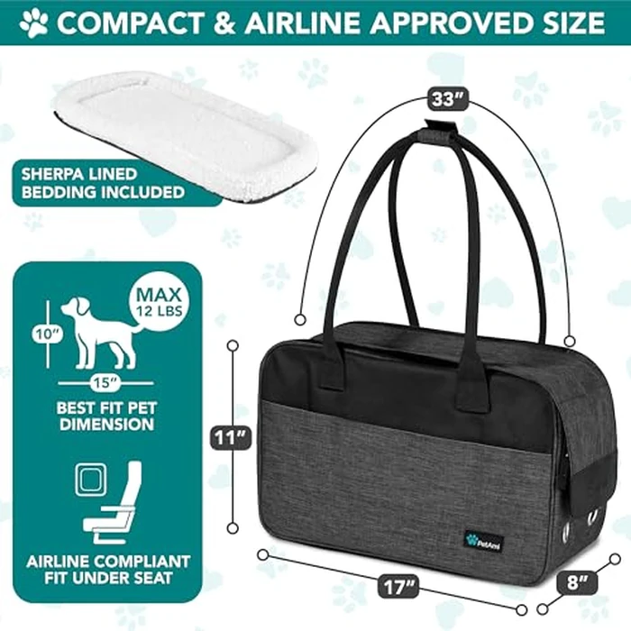 PetAmi Dog Purse Carrier for Small Dogs, Airline Approved Soft Sided Pet Carrier with Pockets, Ventilated Dog Carrying Bag for Puppy Cat, Dog Travel Supplies Bag, Sherpa Bed, Max 12 lbs, Dark Gray by PetAmi - Image 2