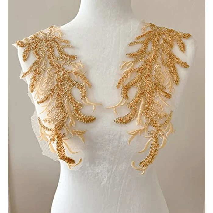 PEPPERLONELY 1 Pair 3D Lace Beaded Sequins Flower Mirror Sew on Embroidered Lace Applique Wedding Dress Bride's Headdress Adornment DIY Patch Clothing Accessories, 4 x 13.75 Inches, Gold by PEPPERLONELY - Image 2