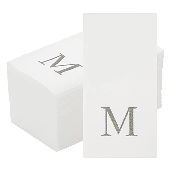 Luxenap 15.8 X 7.9 Inch Linen-Feel Guest Towels, 50 Lettered Hand Towels - Silver Letter 'M', Sans Serif Font, White Paper Dinner Napkins, airlaid, For Restrooms And Tables - Restaurantware by Restaurantware - Image 2