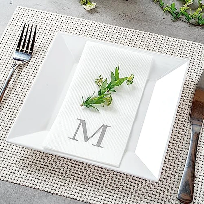Luxenap 15.8 X 7.9 Inch Linen-Feel Guest Towels, 50 Lettered Hand Towels - Silver Letter 'M', Sans Serif Font, White Paper Dinner Napkins, airlaid, For Restrooms And Tables - Restaurantware by Restaurantware - Image 3