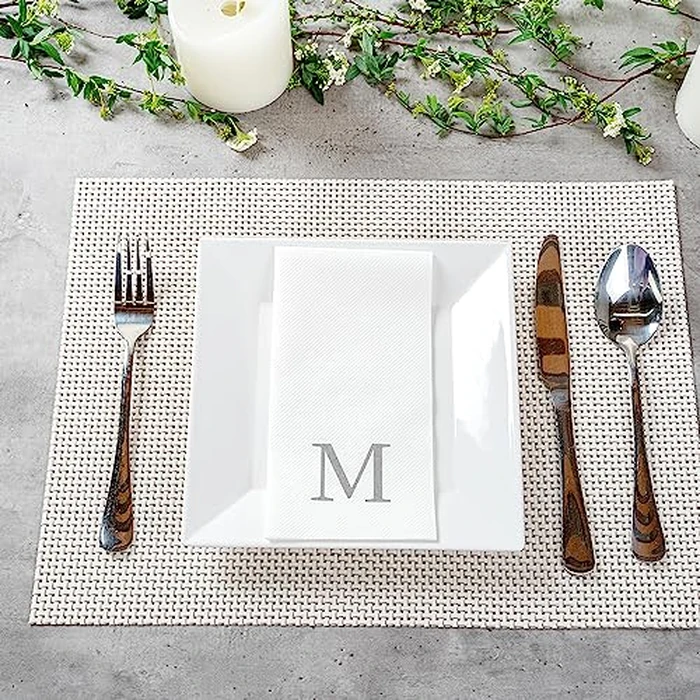 Luxenap 15.8 X 7.9 Inch Linen-Feel Guest Towels, 50 Lettered Hand Towels - Silver Letter 'M', Sans Serif Font, White Paper Dinner Napkins, airlaid, For Restrooms And Tables - Restaurantware by Restaurantware - Image 4
