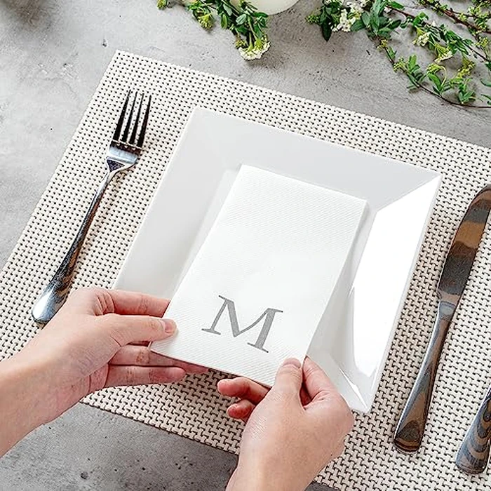 Luxenap 15.8 X 7.9 Inch Linen-Feel Guest Towels, 50 Lettered Hand Towels - Silver Letter 'M', Sans Serif Font, White Paper Dinner Napkins, airlaid, For Restrooms And Tables - Restaurantware by Restaurantware - Image 5