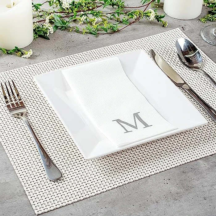 Luxenap 15.8 X 7.9 Inch Linen-Feel Guest Towels, 50 Lettered Hand Towels - Silver Letter 'M', Sans Serif Font, White Paper Dinner Napkins, airlaid, For Restrooms And Tables - Restaurantware by Restaurantware - Image 7