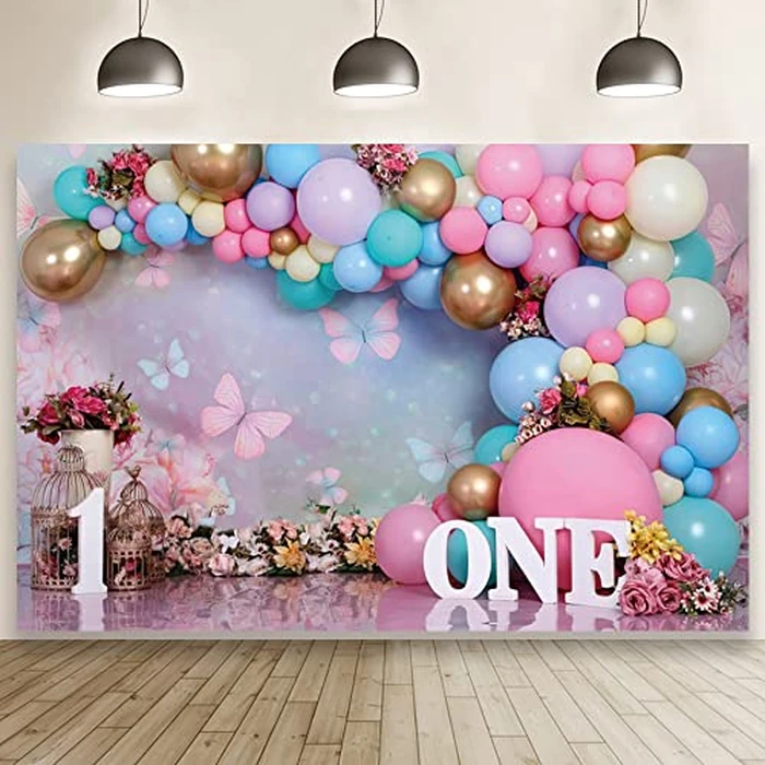 First Birthday Backdrop for Girl Flower Pink Purple Balloon Backdrops Sweet One Year Old Photography Cake Smash Background for Baby Girl Flowers Butterfly Kids 1st Birthday Banner Decorations 7x5ft by ChloropLastid - Image 1