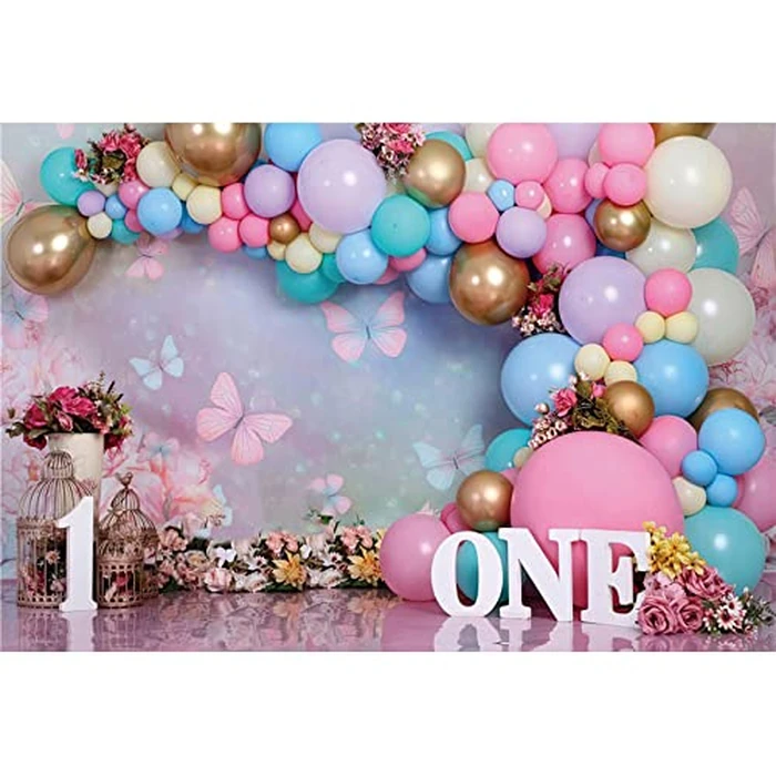 First Birthday Backdrop for Girl Flower Pink Purple Balloon Backdrops Sweet One Year Old Photography Cake Smash Background for Baby Girl Flowers Butterfly Kids 1st Birthday Banner Decorations 7x5ft by ChloropLastid - Image 3