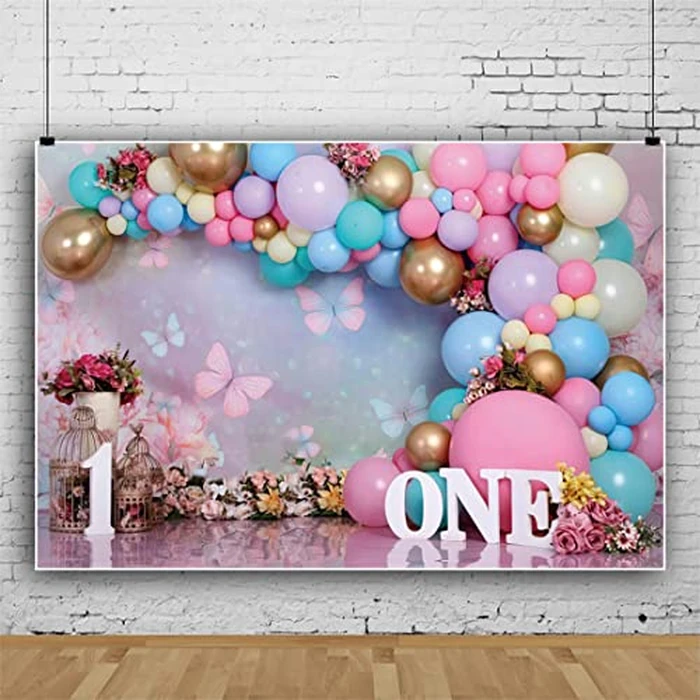 First Birthday Backdrop for Girl Flower Pink Purple Balloon Backdrops Sweet One Year Old Photography Cake Smash Background for Baby Girl Flowers Butterfly Kids 1st Birthday Banner Decorations 7x5ft by ChloropLastid - Image 5