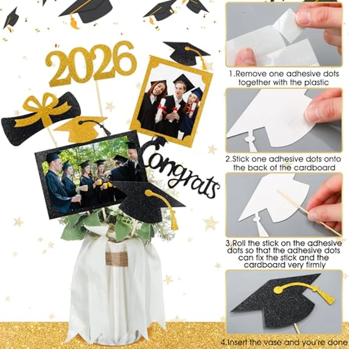 Qinyoung 2026 Graduation Decorations 30 Pcs Glittering Graduation Centerpiece for Tables Sticks Class of 2026 Grad Photo Centerpiece Party Decoration for Table Toppers(Gold) by Qinyoung - Image 3
