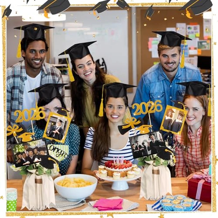 Qinyoung 2026 Graduation Decorations 30 Pcs Glittering Graduation Centerpiece for Tables Sticks Class of 2026 Grad Photo Centerpiece Party Decoration for Table Toppers(Gold) by Qinyoung - Image 4