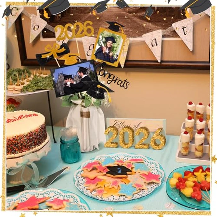 Qinyoung 2026 Graduation Decorations 30 Pcs Glittering Graduation Centerpiece for Tables Sticks Class of 2026 Grad Photo Centerpiece Party Decoration for Table Toppers(Gold) by Qinyoung - Image 5