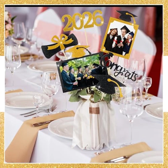 Qinyoung 2026 Graduation Decorations 30 Pcs Glittering Graduation Centerpiece for Tables Sticks Class of 2026 Grad Photo Centerpiece Party Decoration for Table Toppers(Gold) by Qinyoung - Image 6