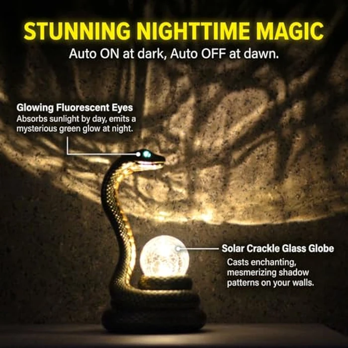 coeazy Solar Snake Statue Garden Decor, 14.2" Tall Resin Animal Figurine with Glowing Green Eyes & LED Crackle Glass Globe, Weatherproof Outdoor Yard Sculpture, Mysterious Gift for Patio Lawn by coeazy - Image 2