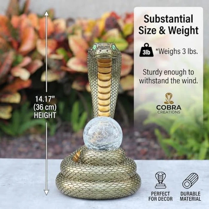 coeazy Solar Snake Statue Garden Decor, 14.2" Tall Resin Animal Figurine with Glowing Green Eyes & LED Crackle Glass Globe, Weatherproof Outdoor Yard Sculpture, Mysterious Gift for Patio Lawn by coeazy - Image 3