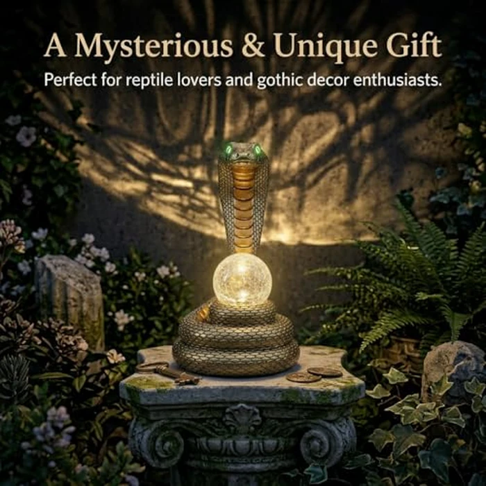 coeazy Solar Snake Statue Garden Decor, 14.2" Tall Resin Animal Figurine with Glowing Green Eyes & LED Crackle Glass Globe, Weatherproof Outdoor Yard Sculpture, Mysterious Gift for Patio Lawn by coeazy - Image 6