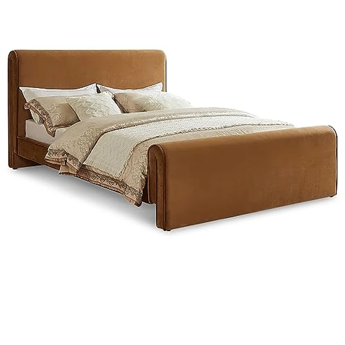 Meridian Furniture SloanSaddle-Q Sloan Collection Modern | Contemporary Velvet Upholstered Queen Bed with Rich Soft Saddle Velvet, Curved Headboard/Footboard, 66" W x 96" D x 45" H, Saddle, Queen by Meridian Furniture - Image 1