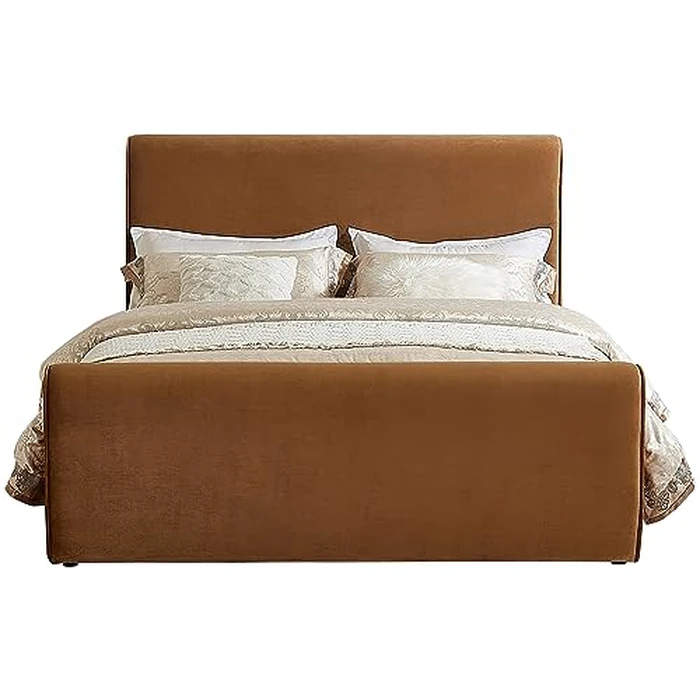Meridian Furniture SloanSaddle-Q Sloan Collection Modern | Contemporary Velvet Upholstered Queen Bed with Rich Soft Saddle Velvet, Curved Headboard/Footboard, 66" W x 96" D x 45" H, Saddle, Queen by Meridian Furniture - Image 3