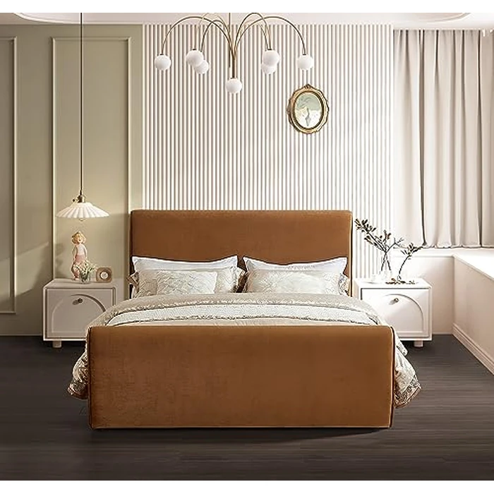 Meridian Furniture SloanSaddle-Q Sloan Collection Modern | Contemporary Velvet Upholstered Queen Bed with Rich Soft Saddle Velvet, Curved Headboard/Footboard, 66" W x 96" D x 45" H, Saddle, Queen by Meridian Furniture - Image 4