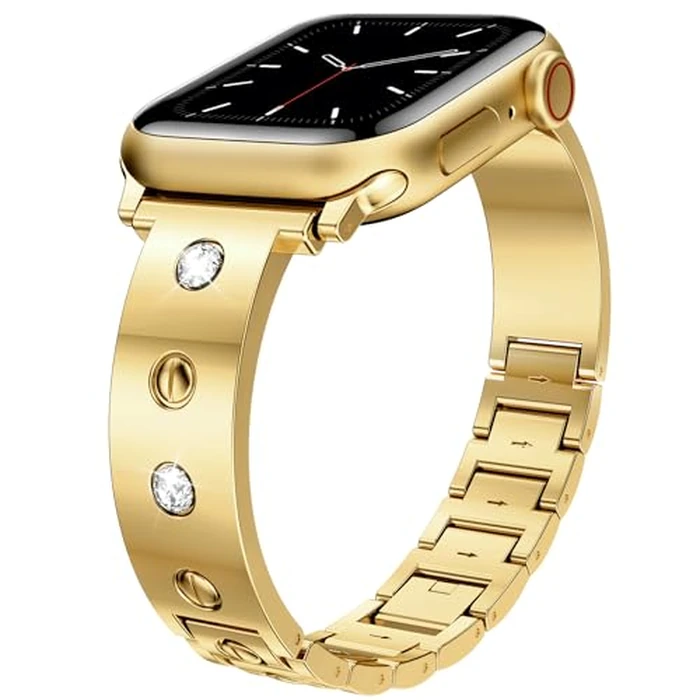 Mosonio Dressy Jewelry Bracelet Bands Compatible with Apple Watch Band 42mm(S11 S10) 41mm 40mm 38mm for Women, Cute and Stylish Diamond Metal Strap for iWatch Series 11 10 9 8 7 6 5 4 3 2 1 (Gold) by Mosonio - Image 2