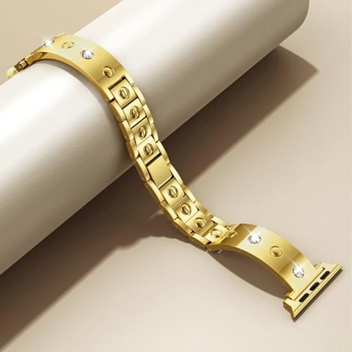 Mosonio Dressy Jewelry Bracelet Bands Compatible with Apple Watch Band 42mm(S11 S10) 41mm 40mm 38mm for Women, Cute and Stylish Diamond Metal Strap for iWatch Series 11 10 9 8 7 6 5 4 3 2 1 (Gold) by Mosonio - Image 4