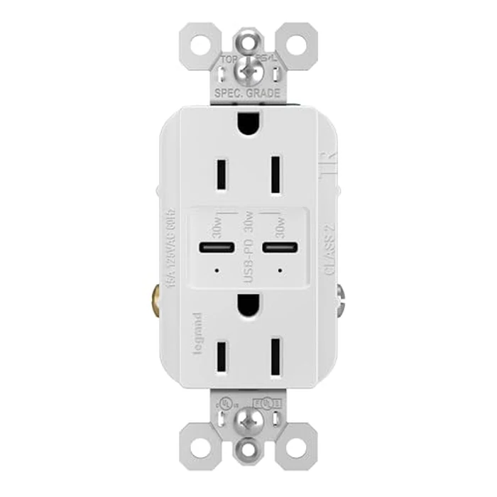 Legrand Radiant R26USBPDW 15 Amp Tamper-Resistant Decorator Duplex Receptacle Outlet with Fast USB C/C 6.0A Charging Ports Plus 30W Power Delivery, White (1 Count) by Pass & Seymour - Image 1
