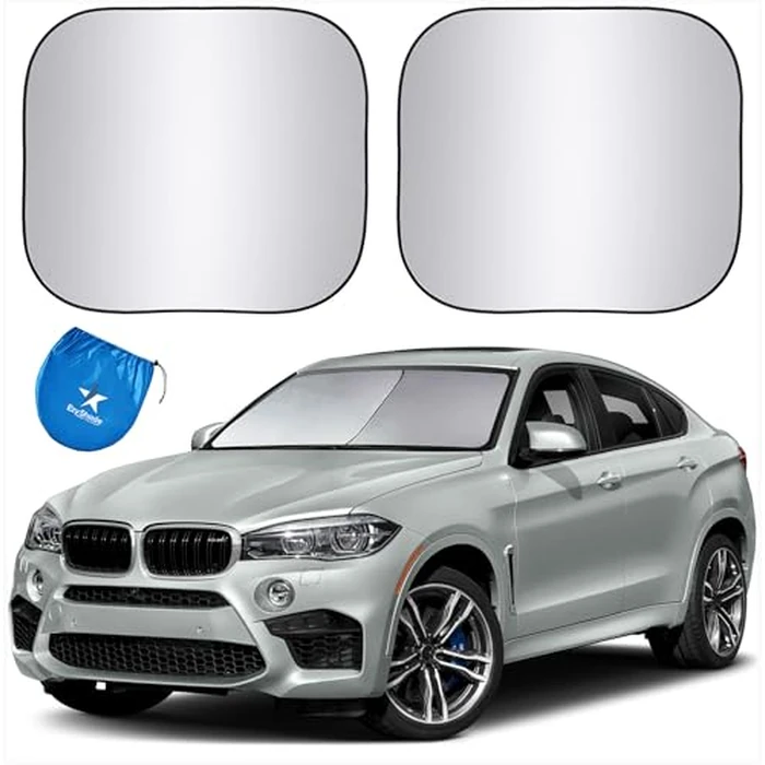 EzyShade Windshield Sun Shade with Shield-X Reflective Technology. See Size-Chart with Your Vehicle. Foldable 2-Piece Car Sunshades Reflect UV Sun and Heat and Protect Your Car. Standard (Medium) Size by EzyShade - Image 1