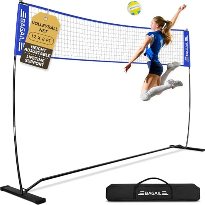BAGAIL Volleyball Net, 12ft Portable Volleyball Net for Backyard - Adjustable Height, Heavy-Duty Frame, Freestanding Design - Portable Outdoor/Indoor Volleyball Set with Carry Bag - Blue by BAGAIL - Image 1