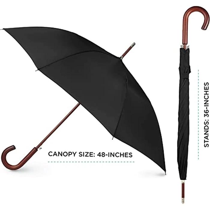 Totes Auto Open Water Repellent Stick Umbrella with Classic Wood J Hook Handle by Totes - Image 2