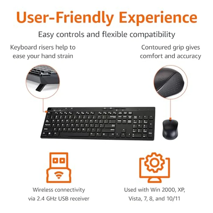 Amazon Basics Full-Sized Wireless Keyboard & Mouse Combo, 2.4 GHz USB Receiver, QWERTY Layout, Black by Amazon Basics - Image 2