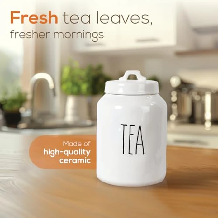 Truu Design Ceramic Tea Jar, Modern Rae Dunn Farmhouse Design with "TEA" Wording, Kitchen Decor and Organization, Airtight Food Storage Container for Tea Leaves Storage, 9.5" H x 3.94" D, White by Truu Design - Image 2