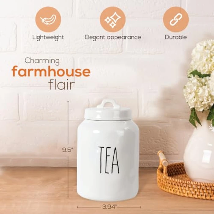 Truu Design Ceramic Tea Jar, Modern Rae Dunn Farmhouse Design with "TEA" Wording, Kitchen Decor and Organization, Airtight Food Storage Container for Tea Leaves Storage, 9.5" H x 3.94" D, White by Truu Design - Image 3